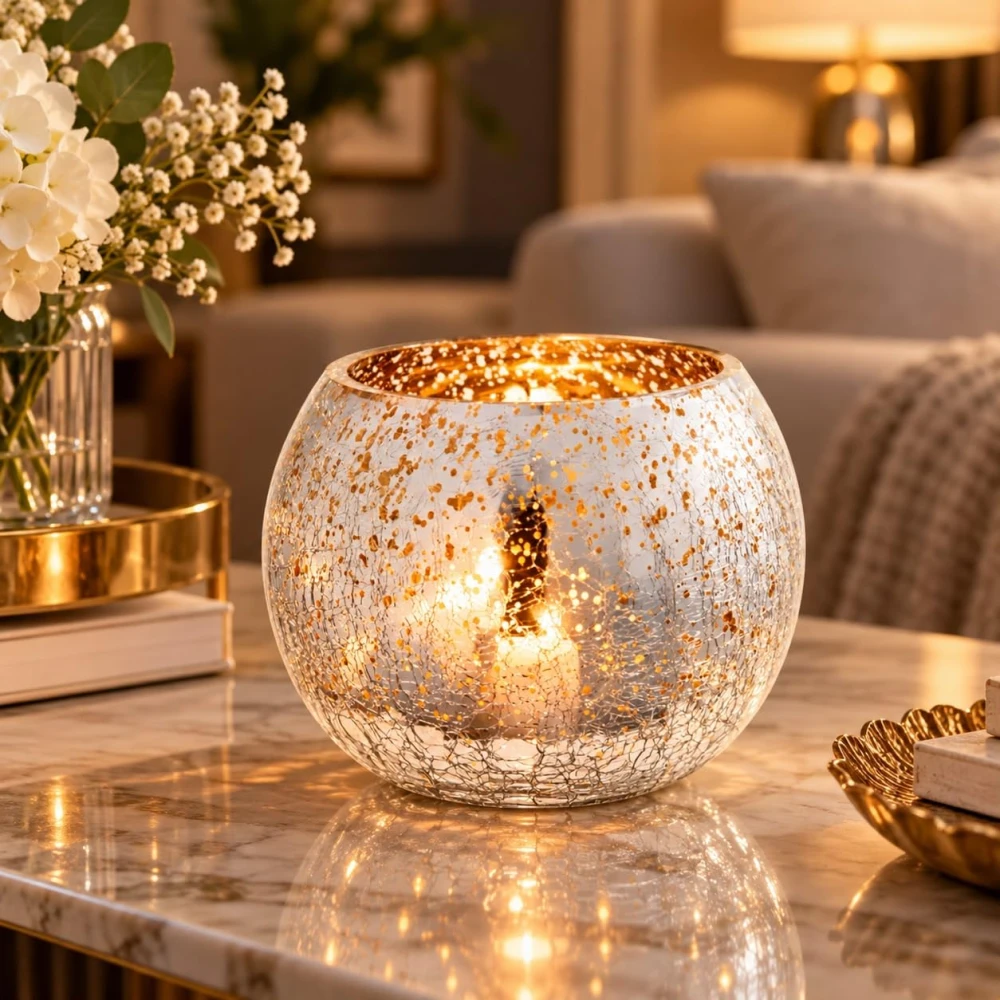 VOIDROP Silver Fleck Crackle Glass Tealight Candle Holder Set of 2 | Decorative Votive Candle Stand for Home Decor, Tabletop & Festive Decoration
