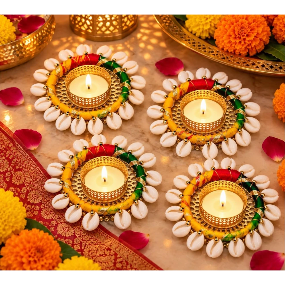 VOIDROP Bangle Tealight Holder Set of 4 Cowrie Shell Decorative Diya Holder with Colorful Thread Work, Traditional Indian Home Decor for Diwali, Pooja & Festive Decoration