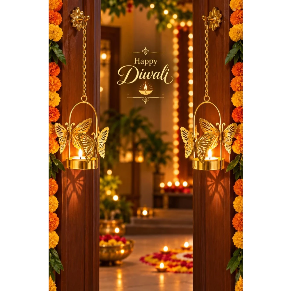 VOIDROP Set of 4 Elegant Gold Butterfly Hanging Tealight Candle Holders | Metal Cutout Butterfly Votive Stand Set for Diwali, Home Decor, Living Room Centerpiece, Festival Gifting