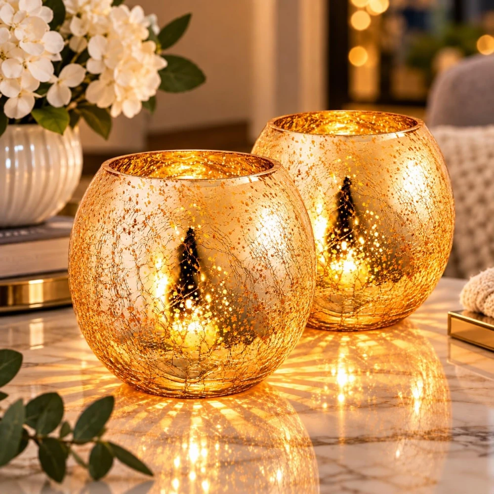 VOIDROP Gold Fleck Crackle Glass Tealight Candle Holder | Decorative Votive Candle Stand for Home Decor, Tabletop & Festive Decoration