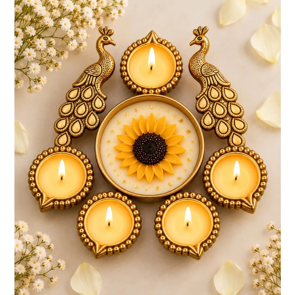 VOIDROP Brass Peacock Diya Set for Home Decor, Traditional 6 Diya Stand for Pooja, Diwali & Festivals, Decorative Brass Oil Lamp for Living Room, Temple & Gifting (Pack of 2)