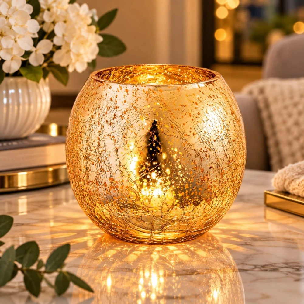 VOIDROP Gold Fleck Crackle Glass Tealight Candle Holder | Decorative Votive Candle Stand for Home Decor, Tabletop & Festive Decoration