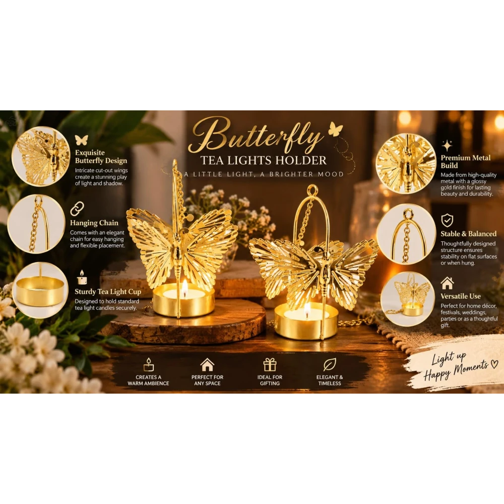 VOIDROP Set of 4 Elegant Gold Butterfly Hanging Tealight Candle Holders | Metal Cutout Butterfly Votive Stand Set for Diwali, Home Decor, Living Room Centerpiece, Festival Gifting