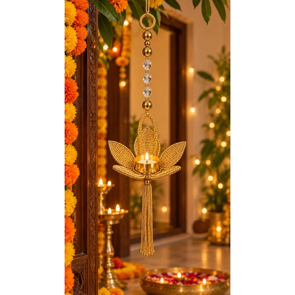 VOIDROP Gold Lotus Tealight Candle Holder Hanging, Metal and Crystal Beads, Traditional Indian Urli/Diya for Diwali Decoration, Living Room Wall Decor, Set of 1