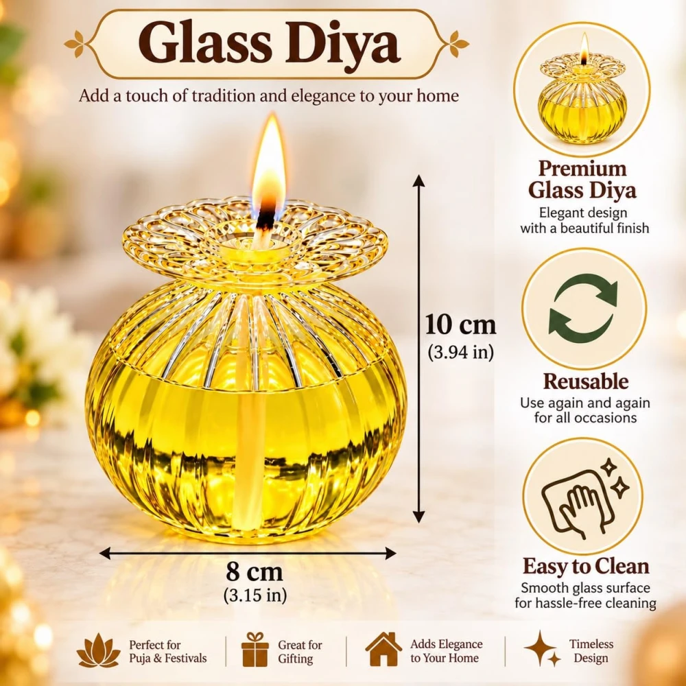 VOIDROP Glass Diya Oil Lamp for Pooja, Decorative Diya for Home Temple, Reusable Akhand Diya for Diwali, Festivals & Daily Prayer, Transparent Glass Diya with Wick Holder Pack of 1