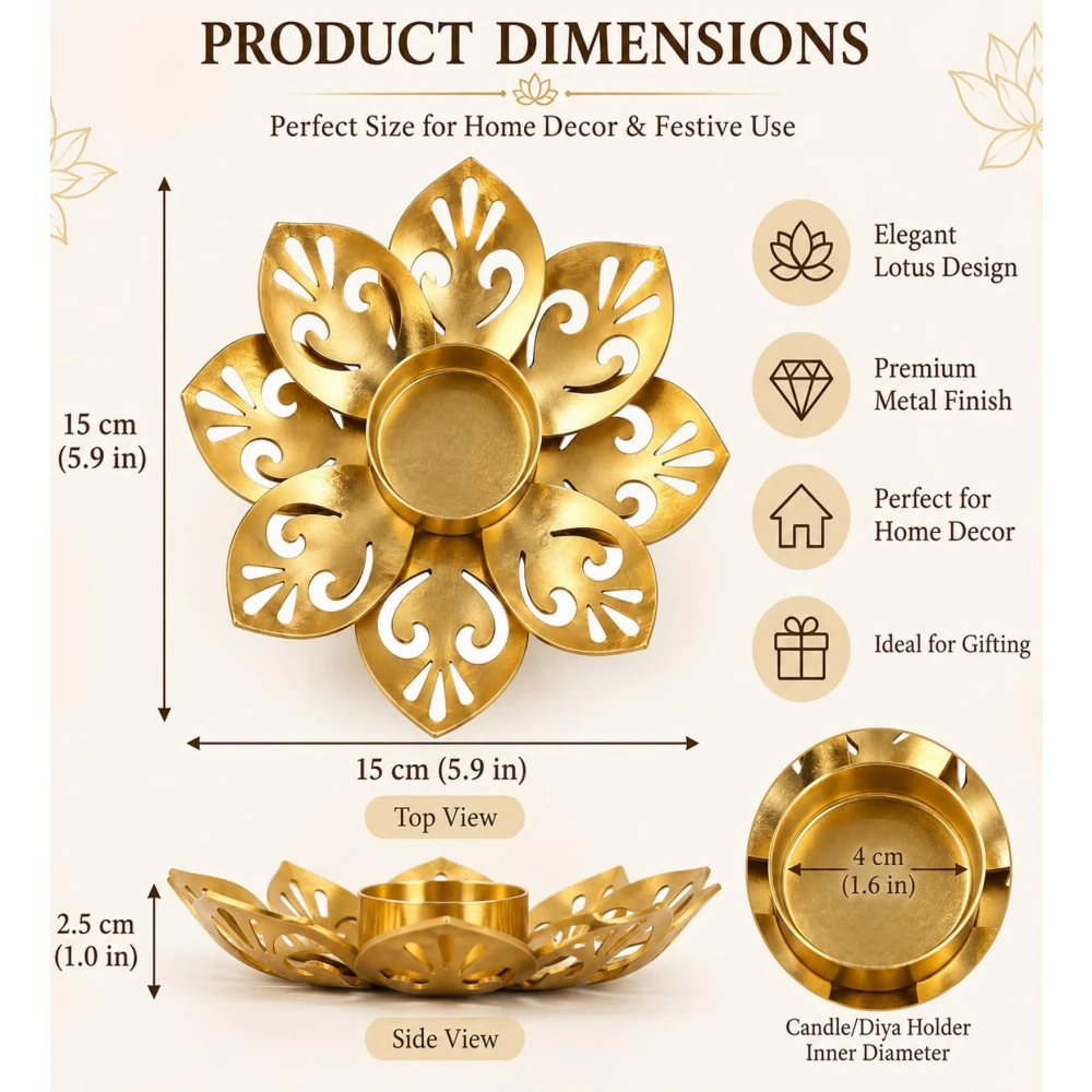 Metal Lotus Tealight Candle Holder Diya Set of 2, Gold Finish Decorative Candle Stand for Home Décor, Diwali, Pooja, Festive Decoration & Gifting
