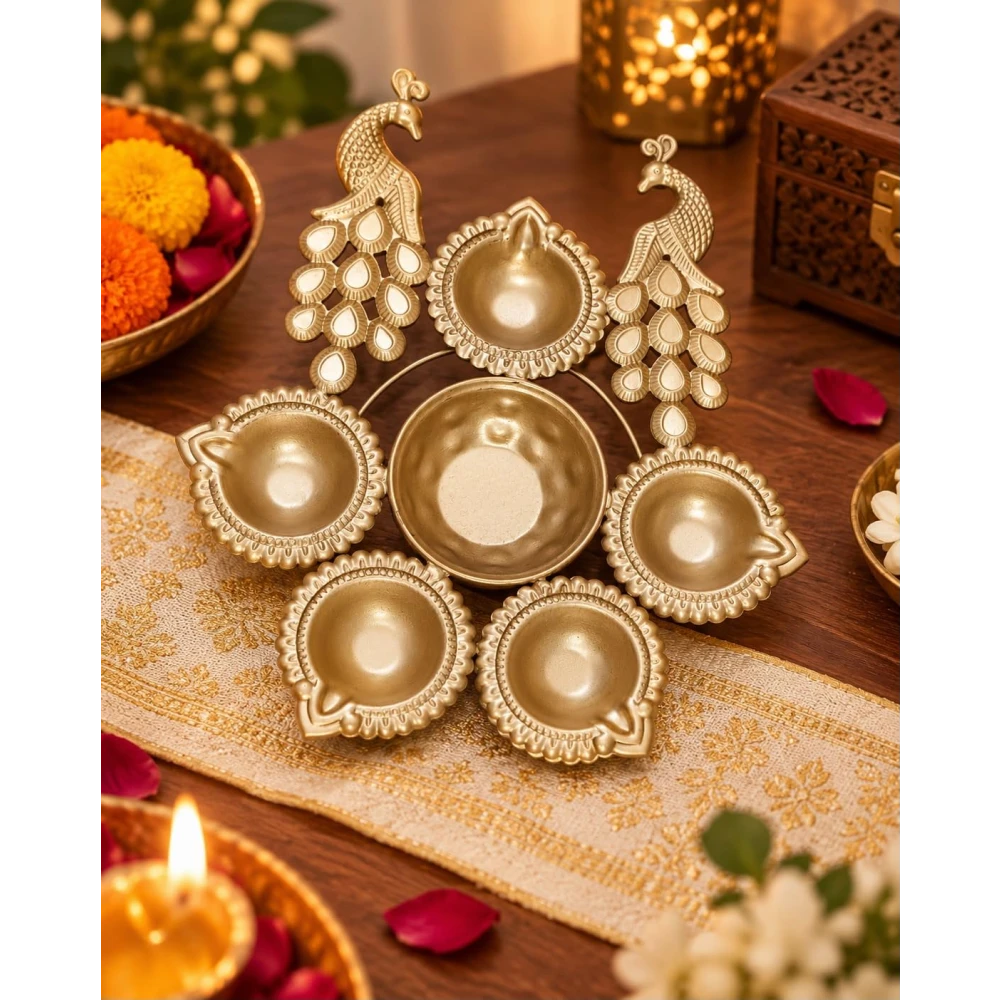 VOIDROP Brass Peacock Diya Set for Home Decor, Traditional 6 Diya Stand for Pooja, Diwali & Festivals, Decorative Brass Oil Lamp for Living Room, Temple & Gifting (Pack of 2)