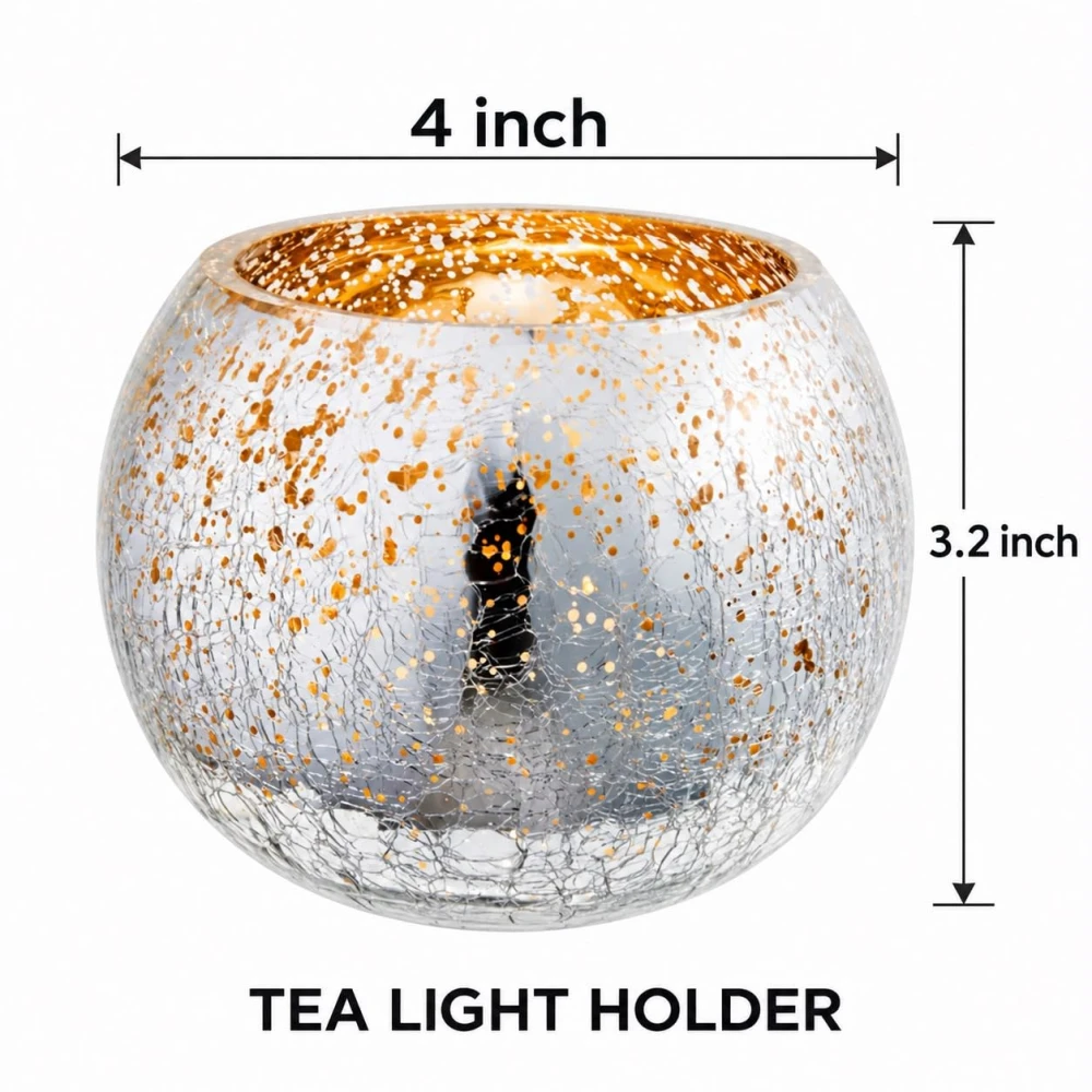 VOIDROP Silver Fleck Crackle Glass Tealight Candle Holder Set of 2 | Decorative Votive Candle Stand for Home Decor, Tabletop & Festive Decoration