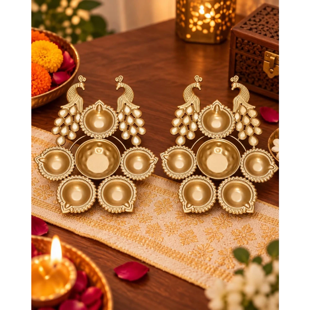 VOIDROP Brass Peacock Diya Set for Home Decor, Traditional 6 Diya Stand for Pooja, Diwali & Festivals, Decorative Brass Oil Lamp for Living Room, Temple & Gifting (Pack of 2)