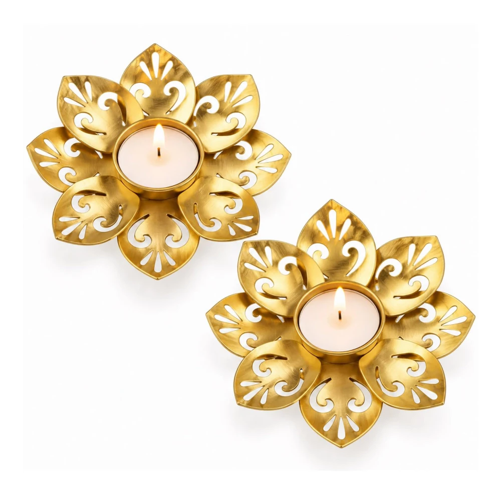 Metal Lotus Tealight Candle Holder Diya Set of 2, Gold Finish Decorative Candle Stand for Home Décor, Diwali, Pooja, Festive Decoration & Gifting
