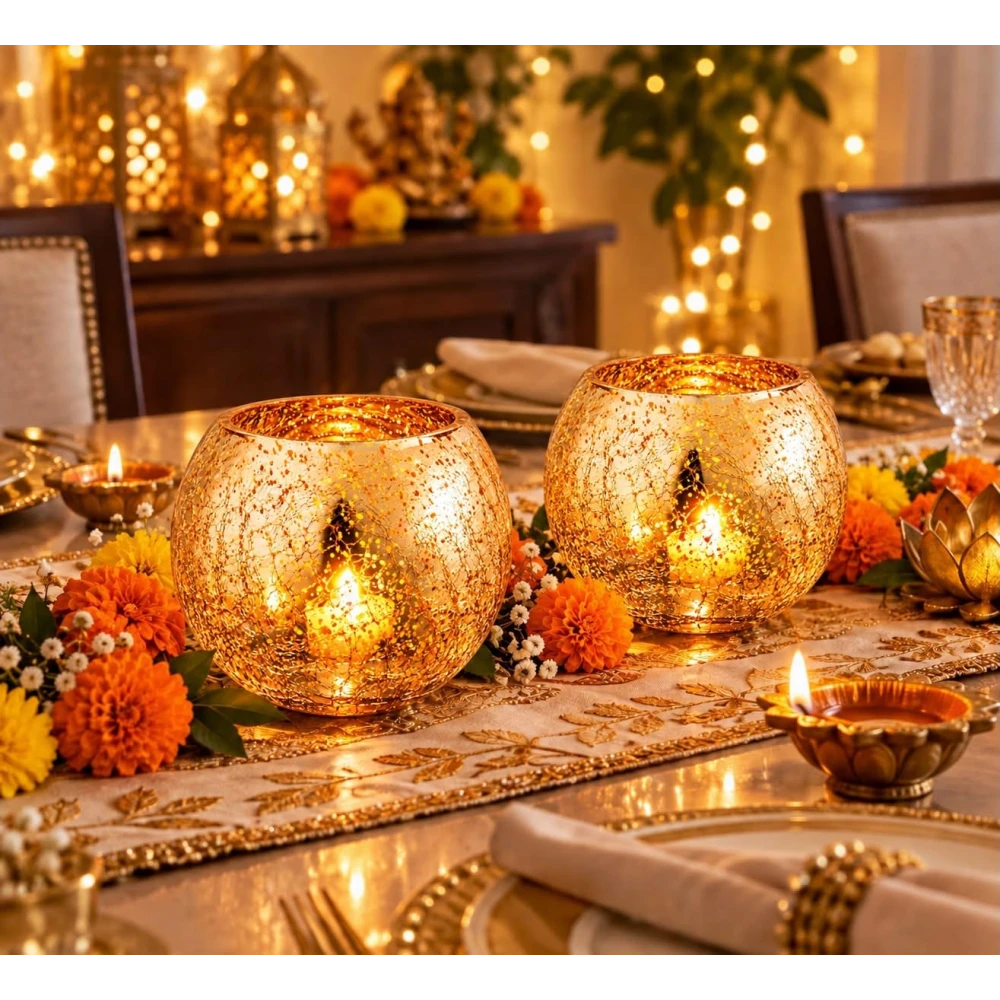 VOIDROP Gold Fleck Crackle Glass Tealight Candle Holder Set of 2 | Decorative Votive Candle Stand for Home Decor, Tabletop & Festive Decoration