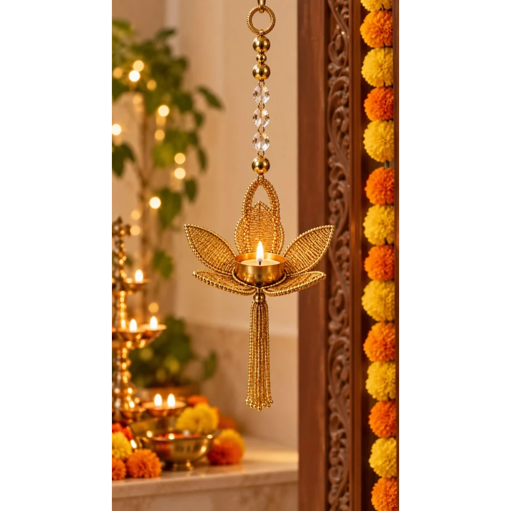 VOIDROP Gold Lotus Tealight Candle Holder Hanging, Metal and Crystal Beads, Traditional Indian Urli/Diya for Diwali Decoration, Living Room Wall Decor, Set of 1