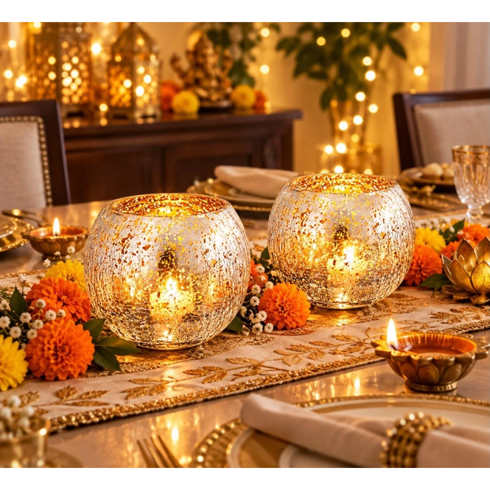 VOIDROP Silver Fleck Crackle Glass Tealight Candle Holder Set of 2 | Decorative Votive Candle Stand for Home Decor, Tabletop & Festive Decoration