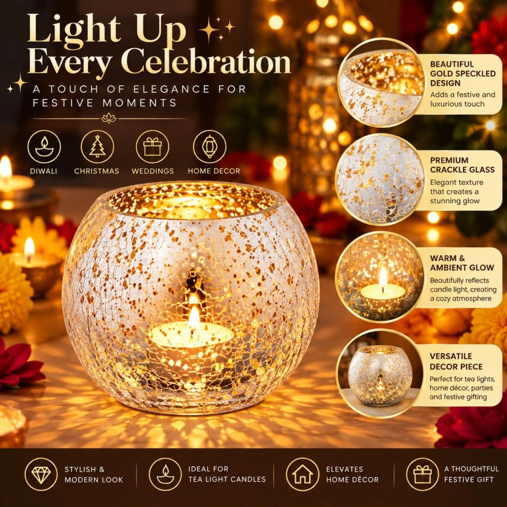 VOIDROP Silver Fleck Crackle Glass Tealight Candle Holder Set of 2 | Decorative Votive Candle Stand for Home Decor, Tabletop & Festive Decoration