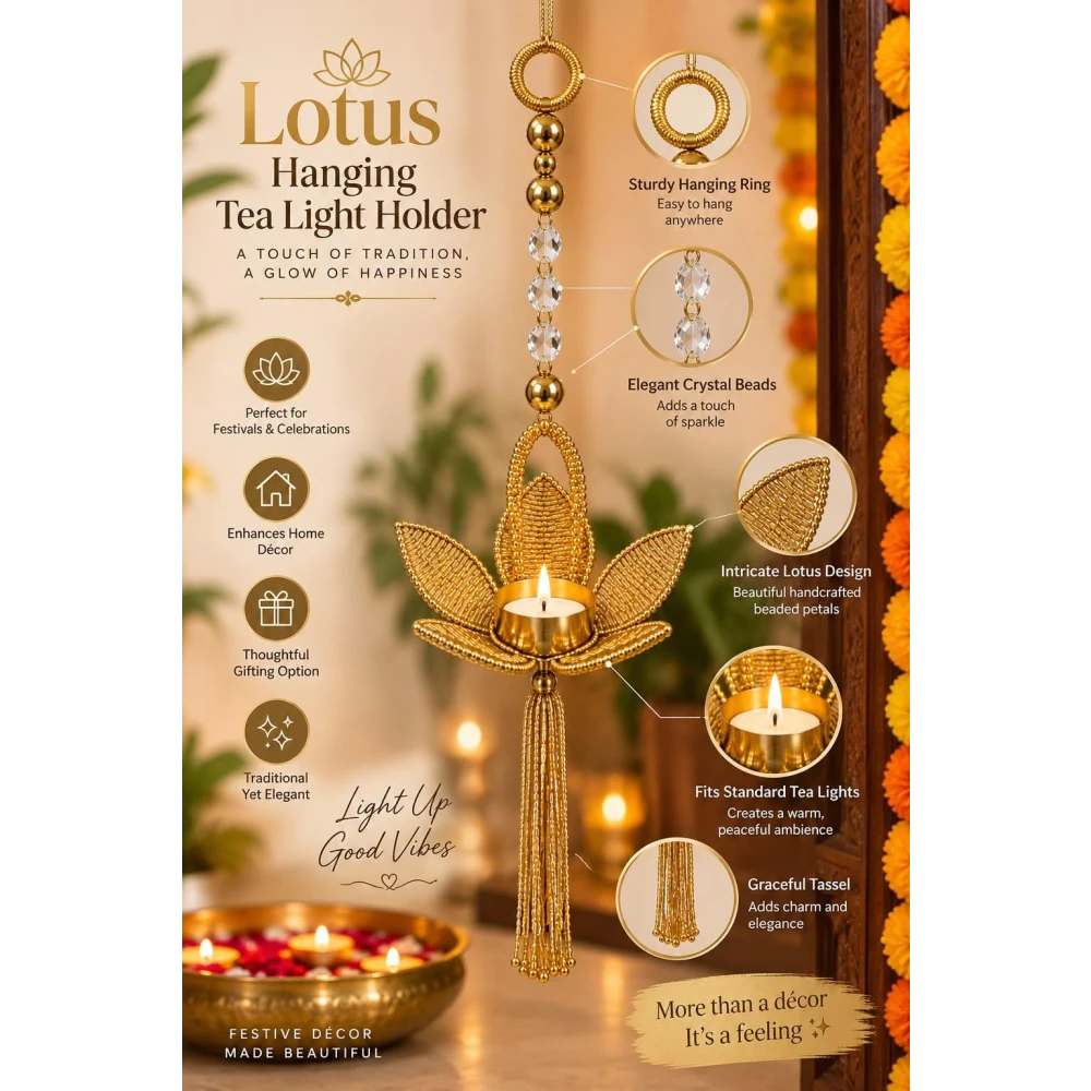 VOIDROP Gold Lotus Tealight Candle Holder Hanging, Metal and Crystal Beads, Traditional Indian Urli/Diya for Diwali Decoration, Living Room Wall Decor, Set of 1