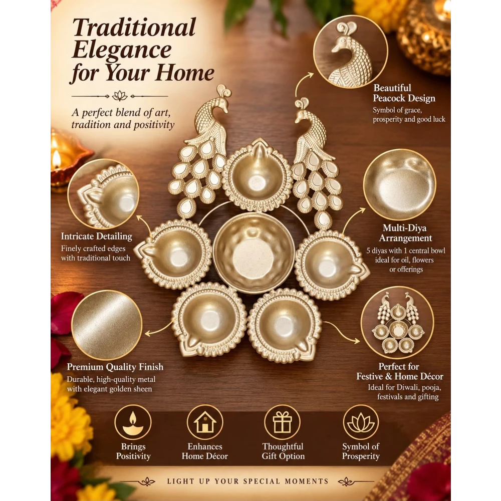 VOIDROP Brass Peacock Diya Set for Home Decor, Traditional 6 Diya Stand for Pooja, Diwali & Festivals, Decorative Brass Oil Lamp for Living Room, Temple & Gifting (Pack of 2)