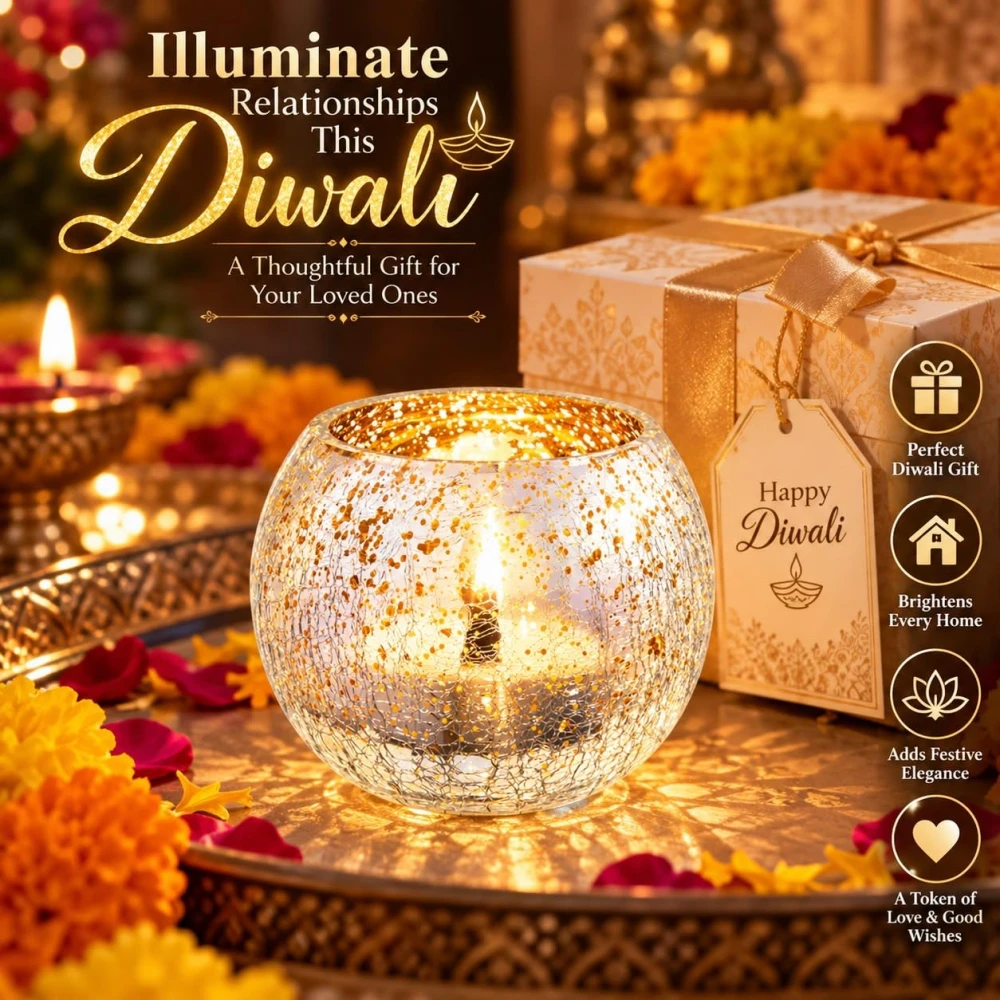 VOIDROP Silver Fleck Crackle Glass Tealight Candle Holder | Decorative Votive Candle Stand for Home Decor, Tabletop & Festive Decoration