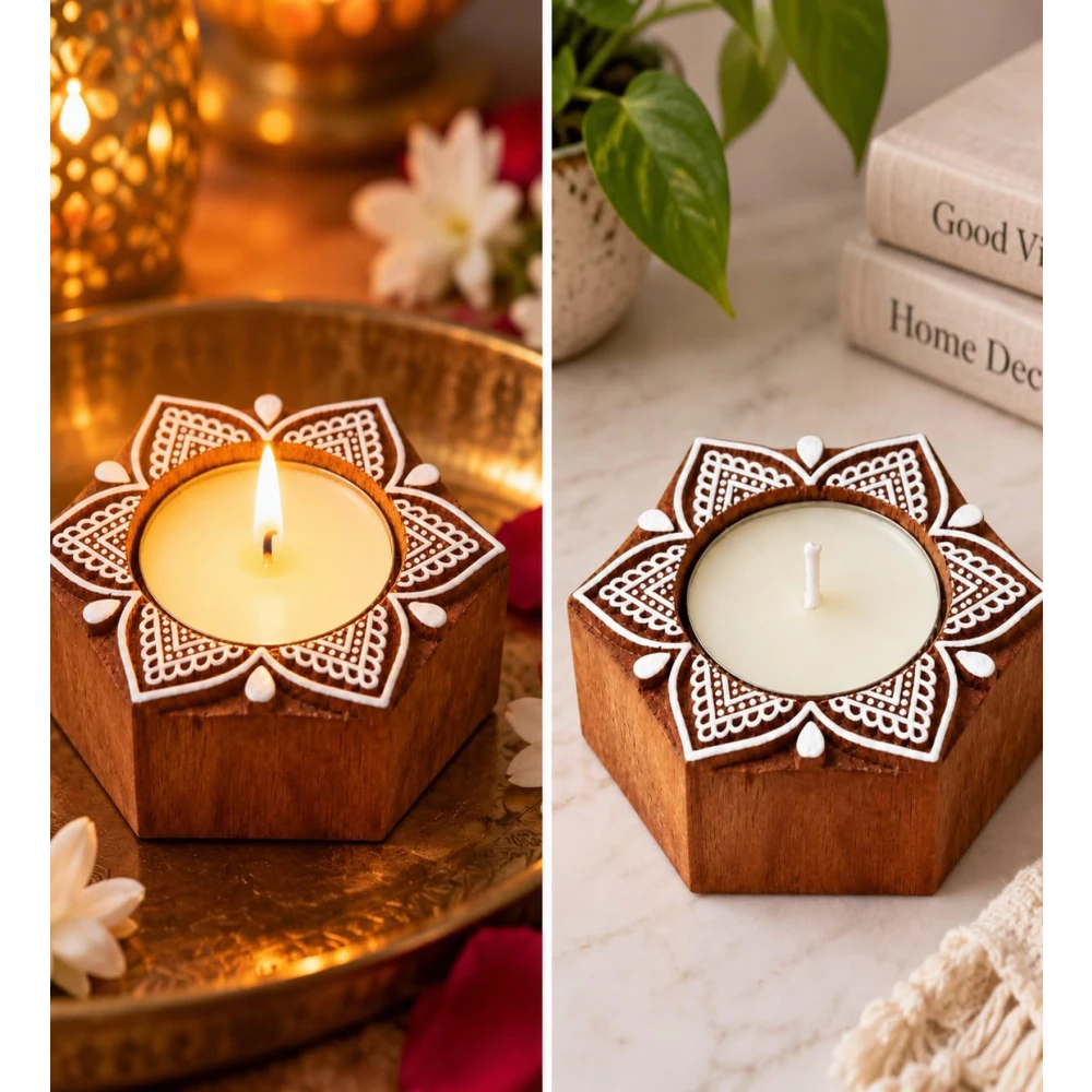 Wooden Tealight Candle Holder Diya Set of 2, Lotus Design Decorative Candle Stand for Home Décor, Diwali, Pooja, Festive Decoration & Gifting