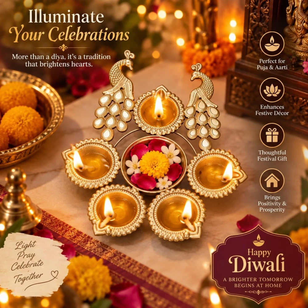 VOIDROP Brass Peacock Diya Set for Home Decor, Traditional 6 Diya Stand for Pooja, Diwali & Festivals, Decorative Brass Oil Lamp for Living Room, Temple & Gifting (Pack of 2)