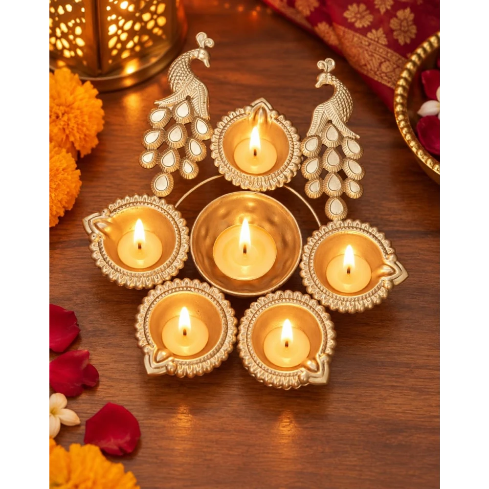 VOIDROP Brass Peacock Diya Set for Home Decor, Traditional 6 Diya Stand for Pooja, Diwali & Festivals, Decorative Brass Oil Lamp for Living Room, Temple & Gifting (Pack of 2)