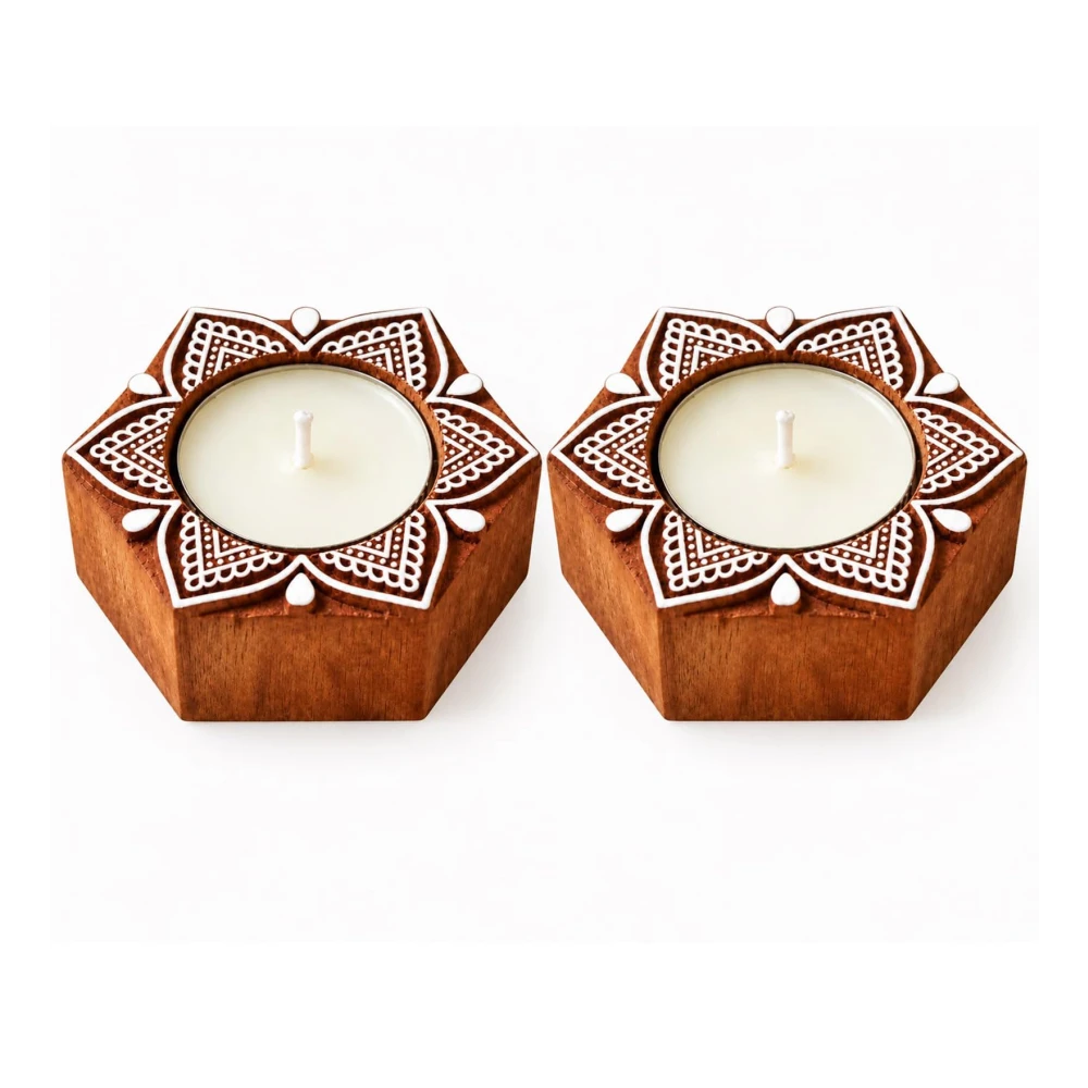 Wooden Tealight Candle Holder Diya Set of 2, Lotus Design Decorative Candle Stand for Home Décor, Diwali, Pooja, Festive Decoration & Gifting