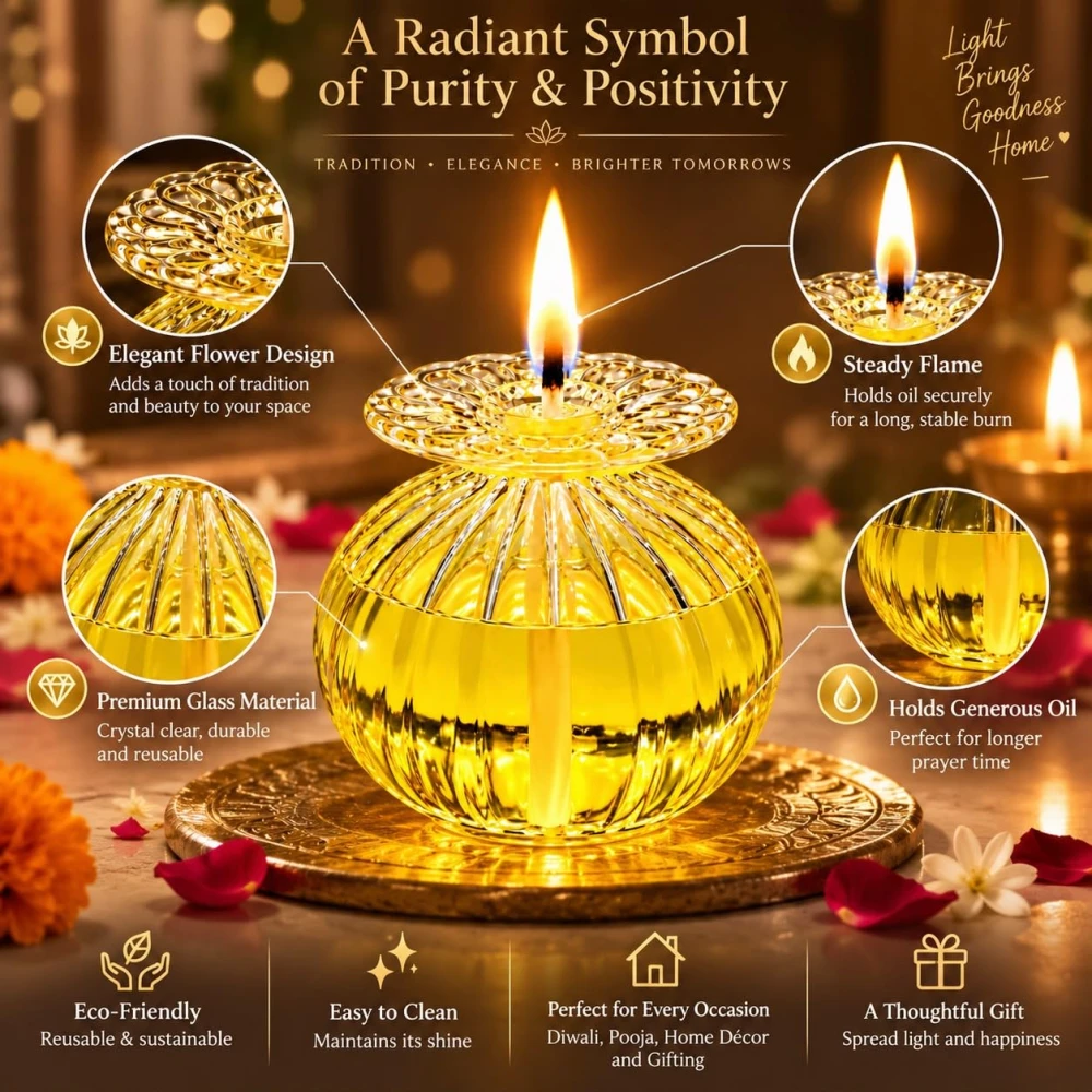 VOIDROP Glass Diya Oil Lamp for Pooja, Decorative Diya for Home Temple, Reusable Akhand Diya for Diwali, Festivals & Daily Prayer, Transparent Glass Diya with Wick Holder Pack of 1