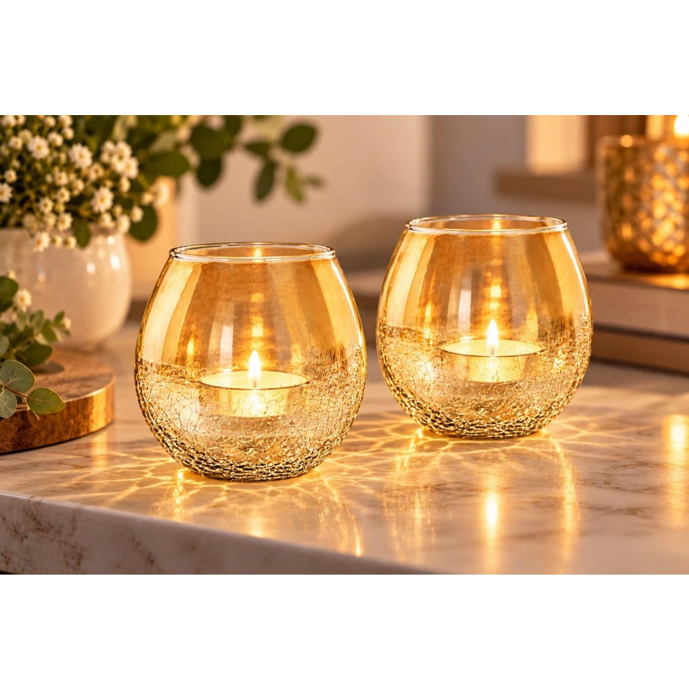 VOIDROP Amber Crackle Glass Tealight Candle Holders Set of 2 | Decorative Votive Candle Stand for Home Décor, Table, Bedroom & Festive Decoration