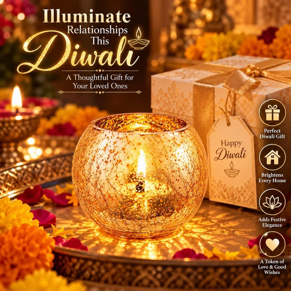 VOIDROP Gold Fleck Crackle Glass Tealight Candle Holder | Decorative Votive Candle Stand for Home Decor, Tabletop & Festive Decoration