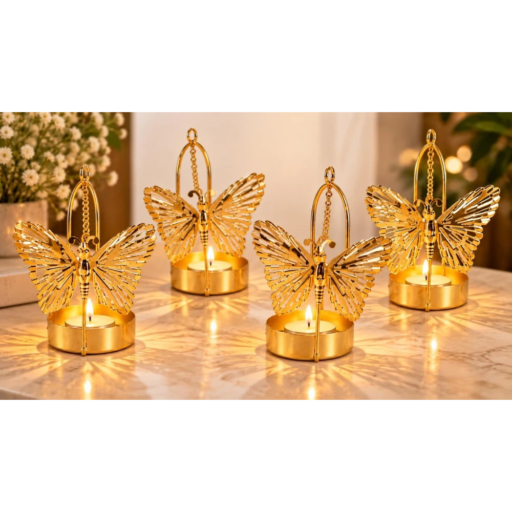 VOIDROP Set of 4 Elegant Gold Butterfly Hanging Tealight Candle Holders | Metal Cutout Butterfly Votive Stand Set for Diwali, Home Decor, Living Room Centerpiece, Festival Gifting