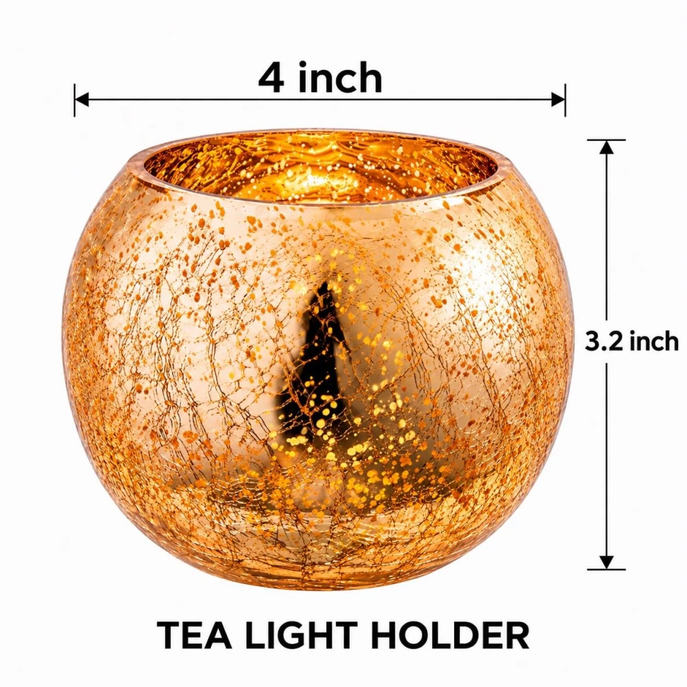 VOIDROP Gold Fleck Crackle Glass Tealight Candle Holder Set of 2 | Decorative Votive Candle Stand for Home Decor, Tabletop & Festive Decoration