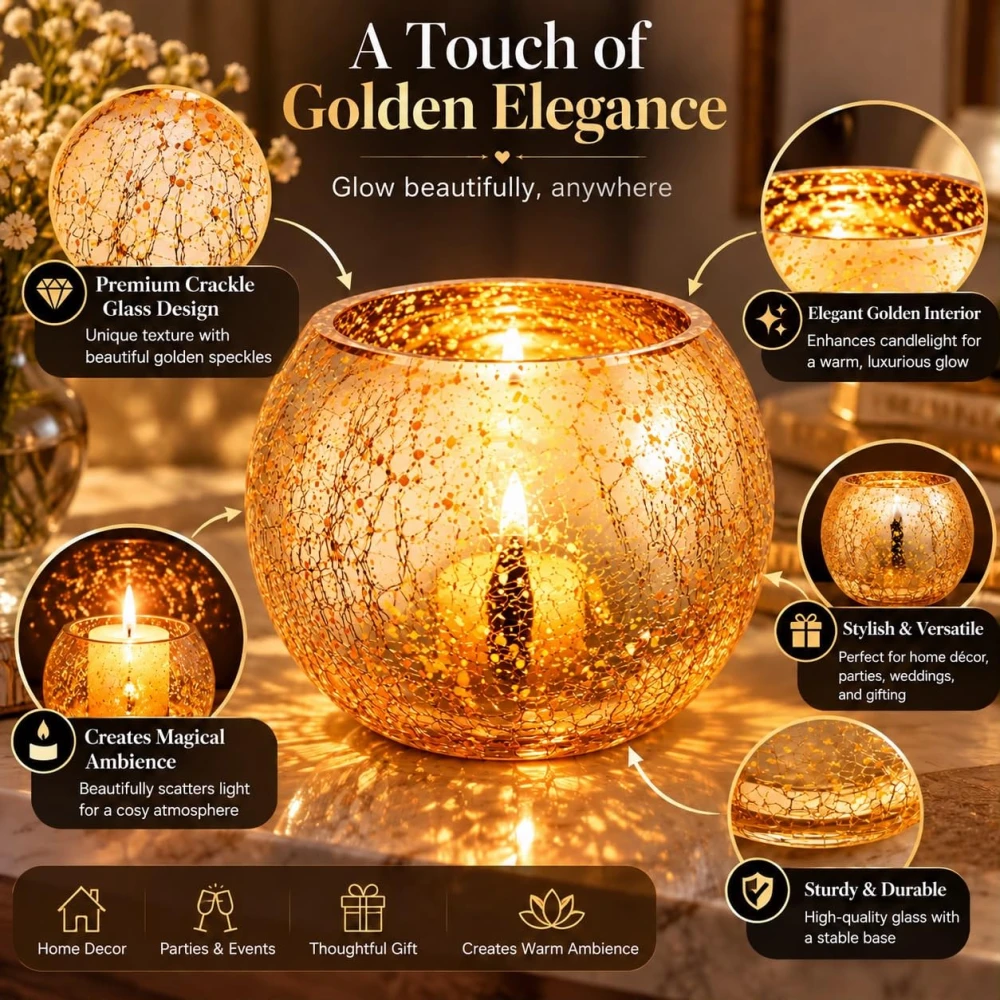 VOIDROP Gold Fleck Crackle Glass Tealight Candle Holder Set of 2 | Decorative Votive Candle Stand for Home Decor, Tabletop & Festive Decoration