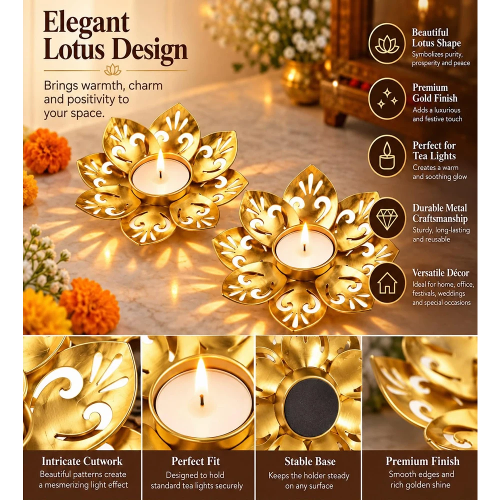 Metal Lotus Tealight Candle Holder Diya Set of 2, Gold Finish Decorative Candle Stand for Home Décor, Diwali, Pooja, Festive Decoration & Gifting