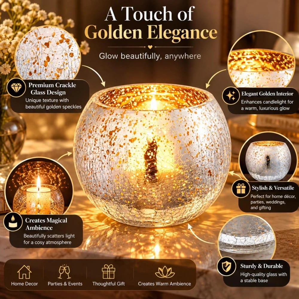 VOIDROP Silver Fleck Crackle Glass Tealight Candle Holder Set of 2 | Decorative Votive Candle Stand for Home Decor, Tabletop & Festive Decoration