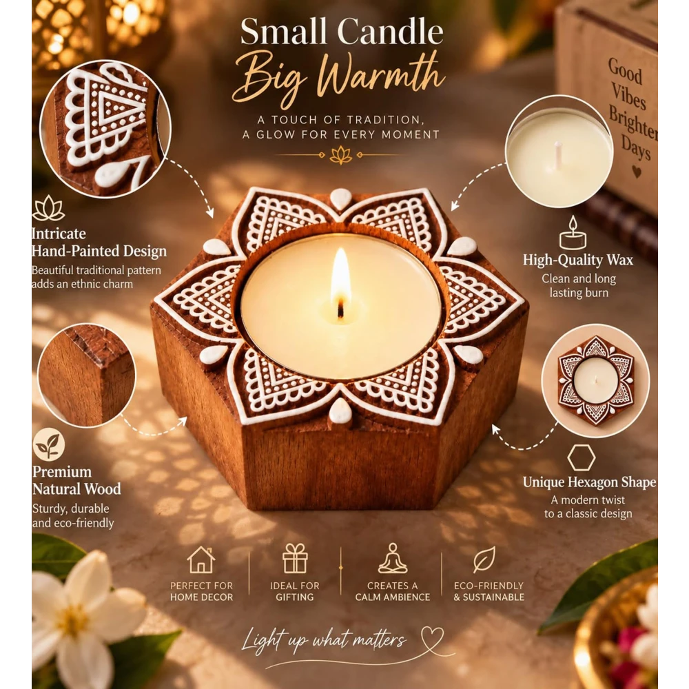 Wooden Tealight Candle Holder Diya Set of 2, Lotus Design Decorative Candle Stand for Home Décor, Diwali, Pooja, Festive Decoration & Gifting