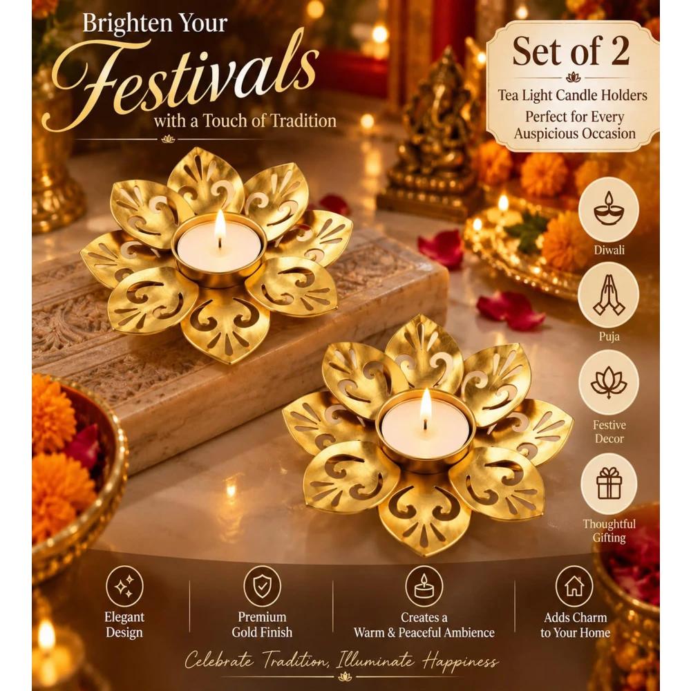 Metal Lotus Tealight Candle Holder Diya Set of 2, Gold Finish Decorative Candle Stand for Home Décor, Diwali, Pooja, Festive Decoration & Gifting