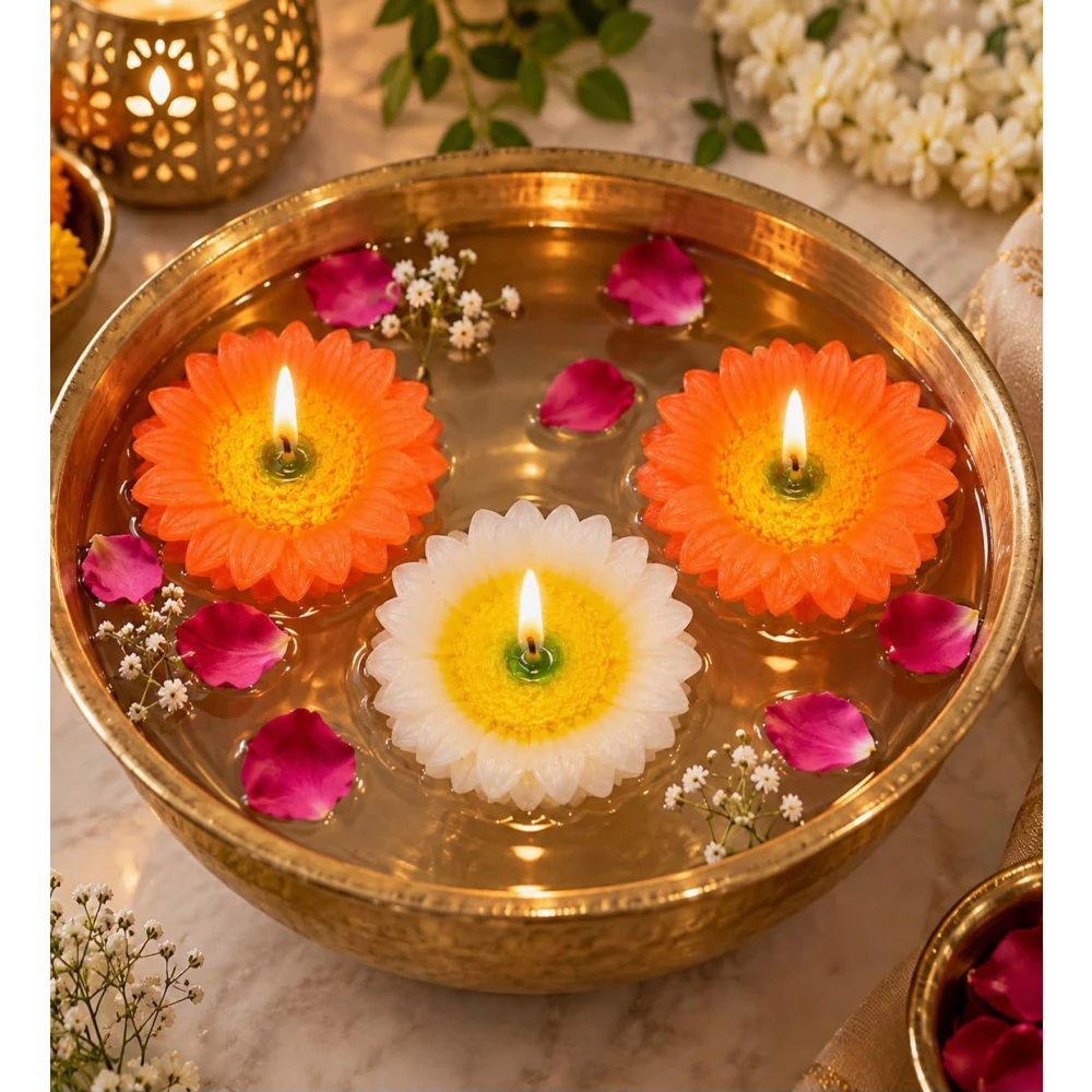Floating Flower Candles Set of 3, Multicolour Decorative Water Floating Candles for Diwali, Pooja, Home Décor, Table Decoration, Wedding & Festive Decoration
