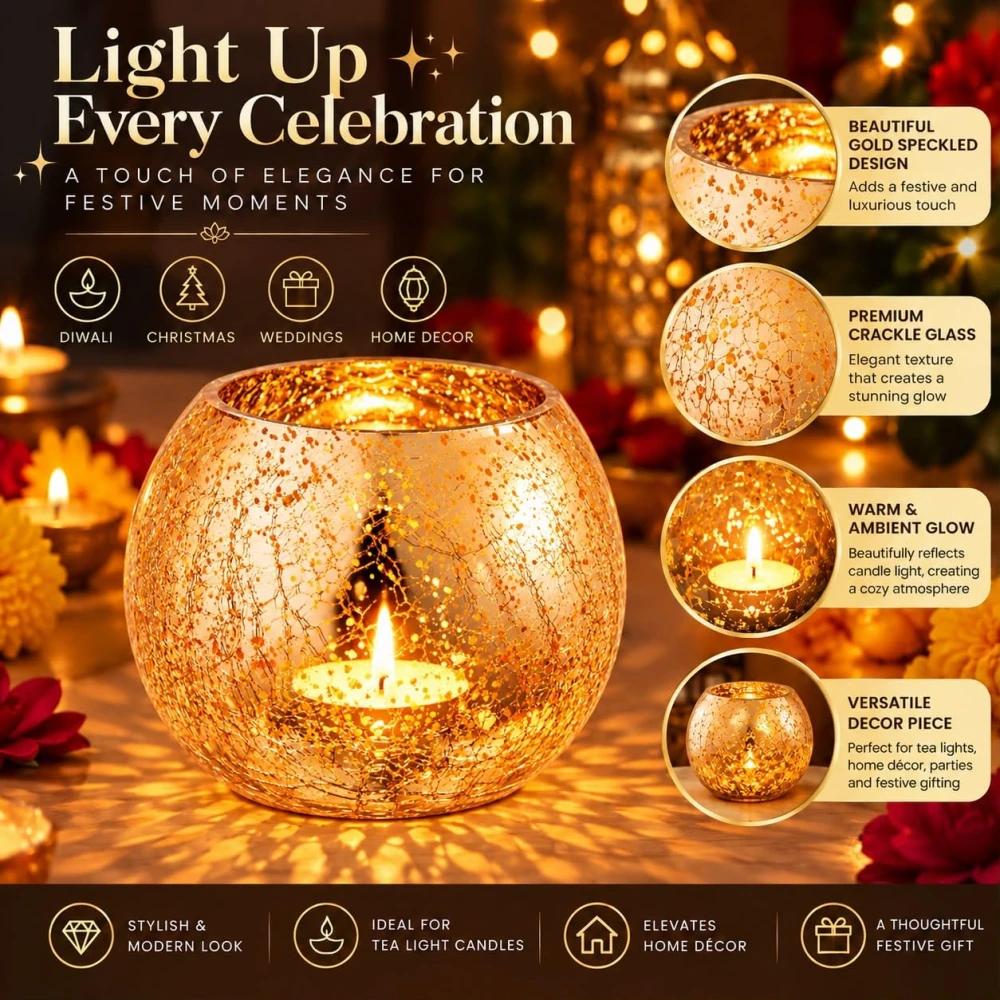 VOIDROP Gold Fleck Crackle Glass Tealight Candle Holder | Decorative Votive Candle Stand for Home Decor, Tabletop & Festive Decoration