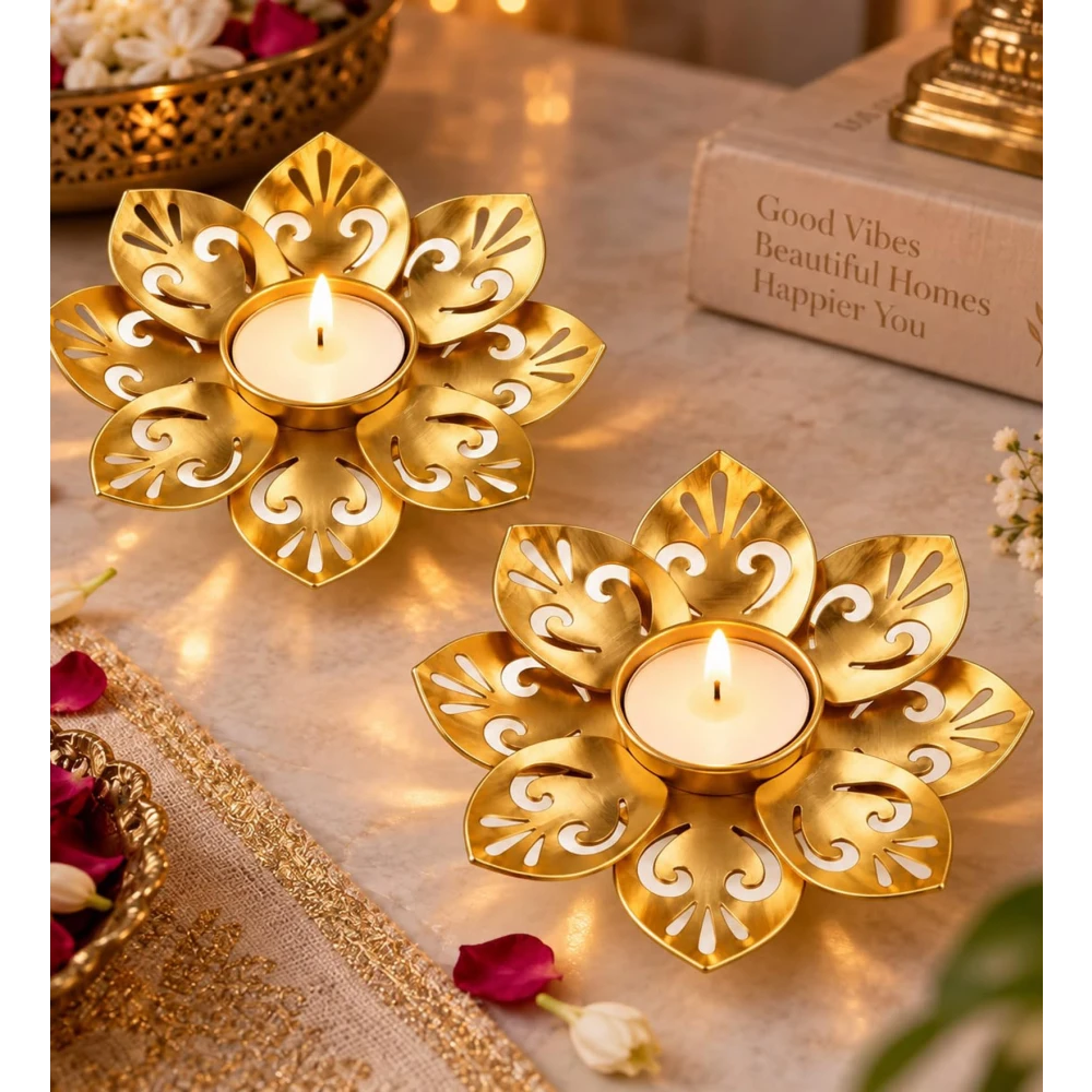 Metal Lotus Tealight Candle Holder Diya Set of 2, Gold Finish Decorative Candle Stand for Home Décor, Diwali, Pooja, Festive Decoration & Gifting