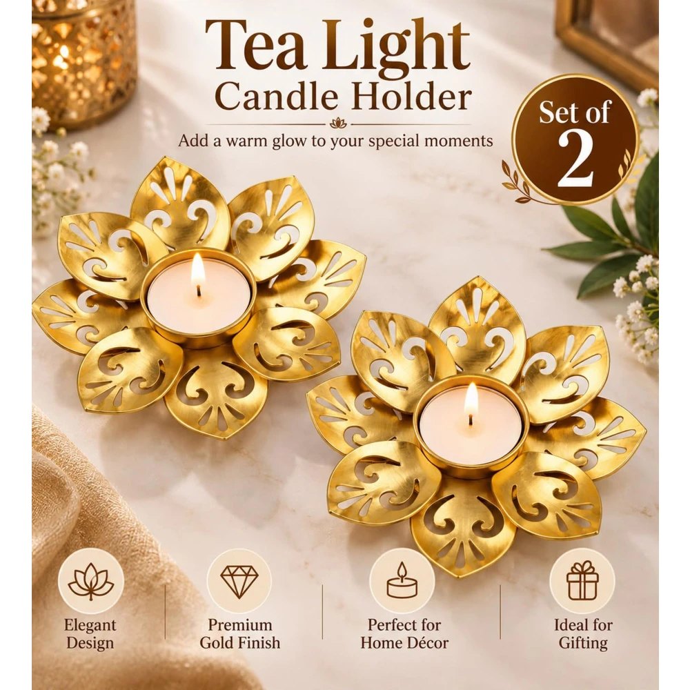 Metal Lotus Tealight Candle Holder Diya Set of 2, Gold Finish Decorative Candle Stand for Home Décor, Diwali, Pooja, Festive Decoration & Gifting