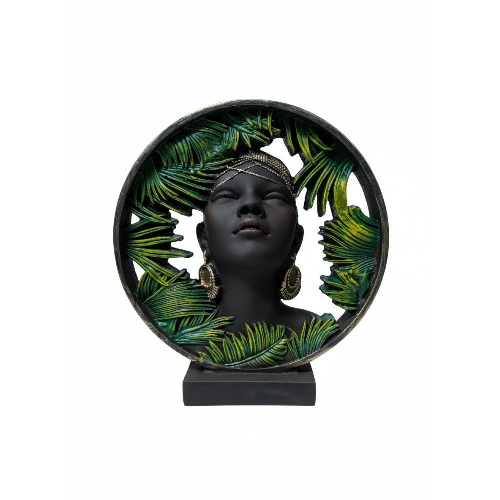 Exotic African Lady Bust Statue with Monstera Leaf & Floral Art – Unique Resin Showpiece for Home Décor Premium Floral Tribal Woman Statue – Elegant Black & Gold Decorative Lady Face