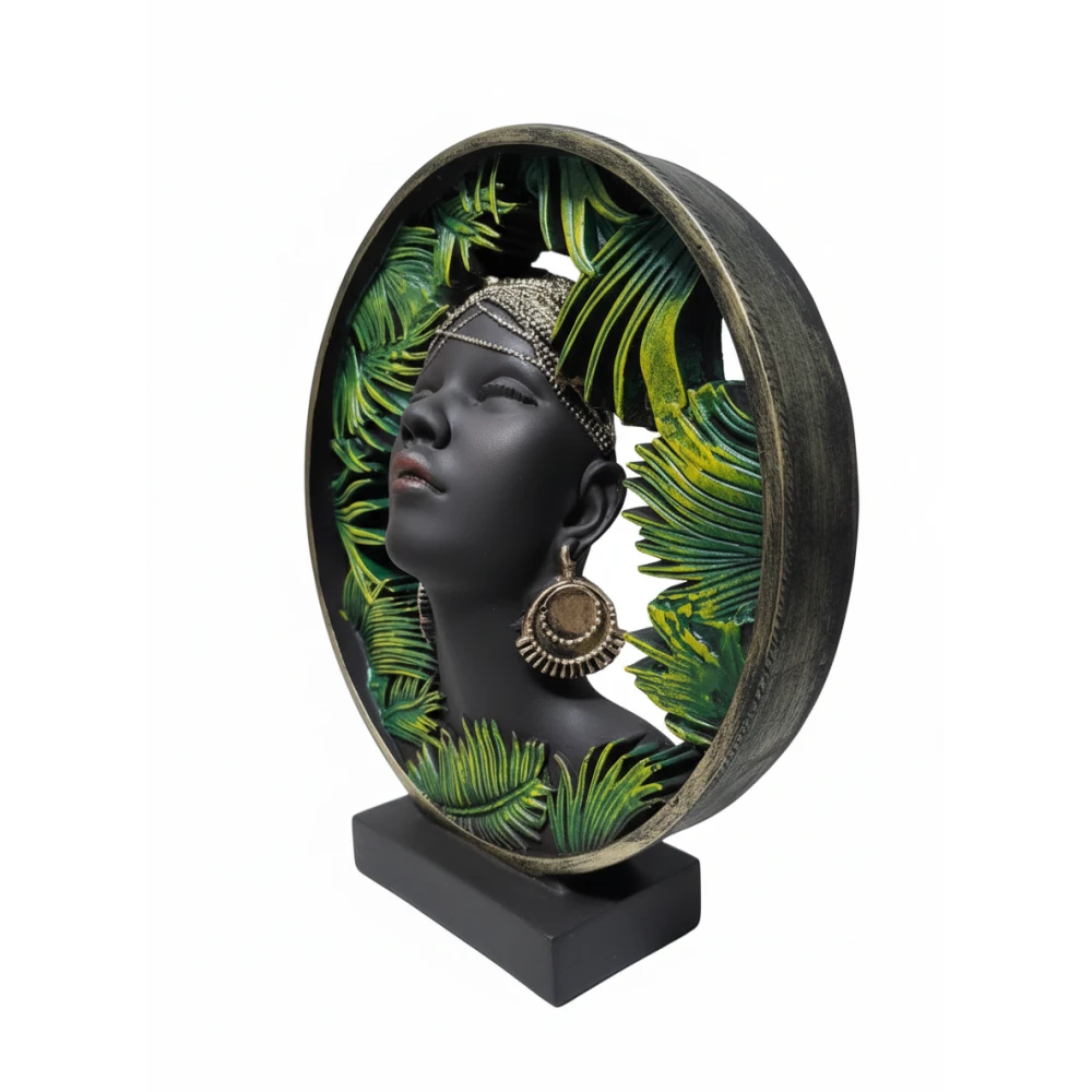 Exotic African Lady Bust Statue with Monstera Leaf & Floral Art – Unique Resin Showpiece for Home Décor Premium Floral Tribal Woman Statue – Elegant Black & Gold Decorative Lady Face