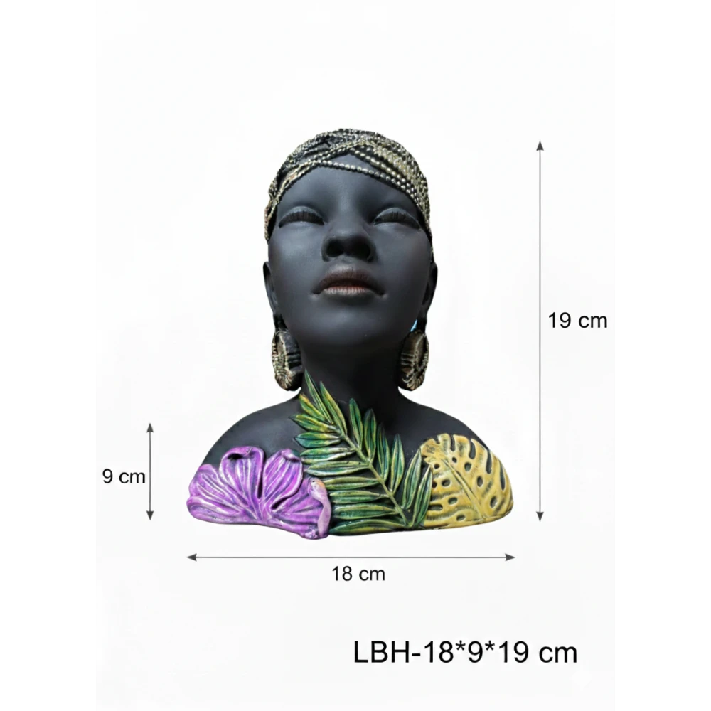 Tropical Queen African Lady Bust – Decorative Floral & Leaf Art Figurine for Modern Home Décor Exotic Tribal Woman Statue – Hand-Painted Resin Goddess with Monstera Leaf & Floral Accents