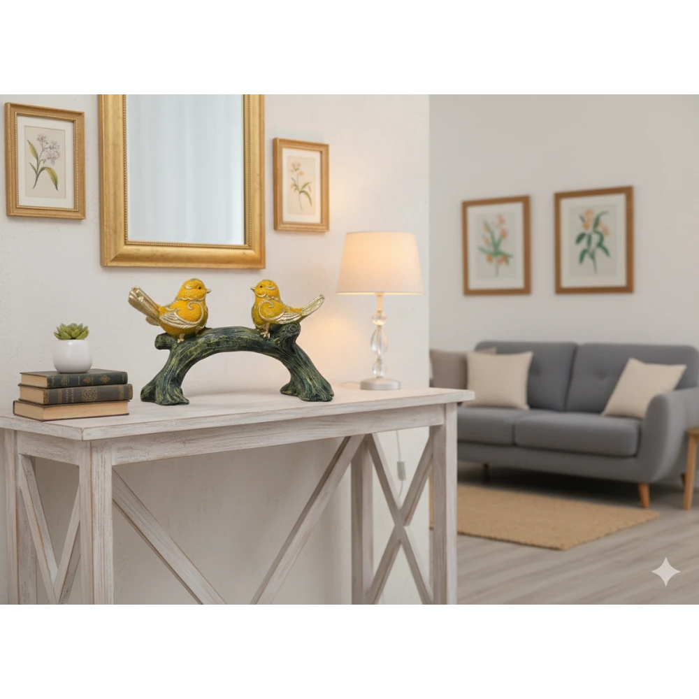 Elegant Yellow Bird Figurine on Tree Branch – Decorative Resin Sparrow Statue for Home Decor, Living Room, Office Desk & Gifting (Gold Accents), Luxury Golden-Winged Bird Showpiece – Stylish Canary Bird Statue for Shelves, Side Tables & Home Interior Decoration (Set of 2)