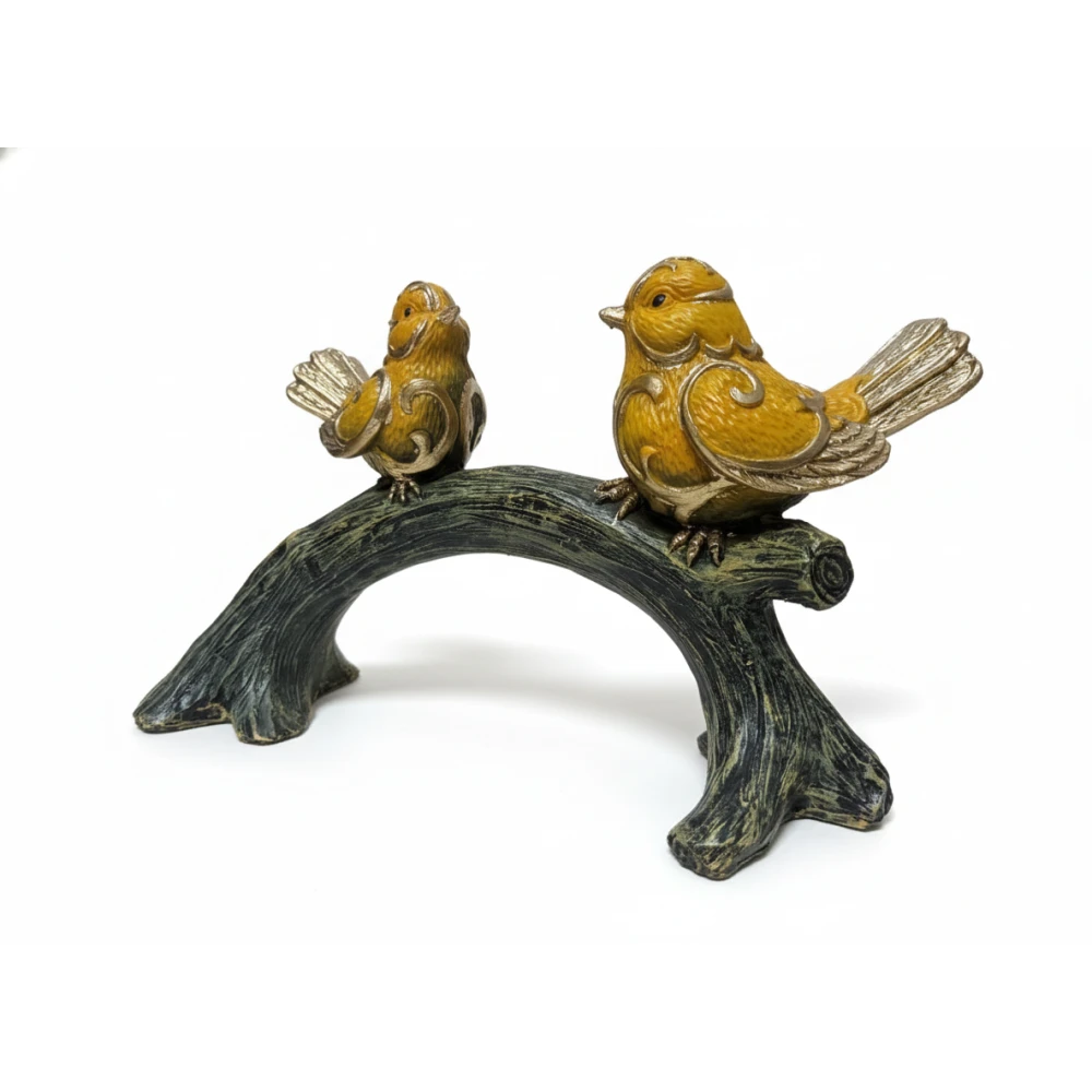 Elegant Yellow Bird Figurine on Tree Branch – Decorative Resin Sparrow Statue for Home Decor, Living Room, Office Desk & Gifting (Gold Accents), Luxury Golden-Winged Bird Showpiece – Stylish Canary Bird Statue for Shelves, Side Tables & Home Interior Decoration (Set of 2)