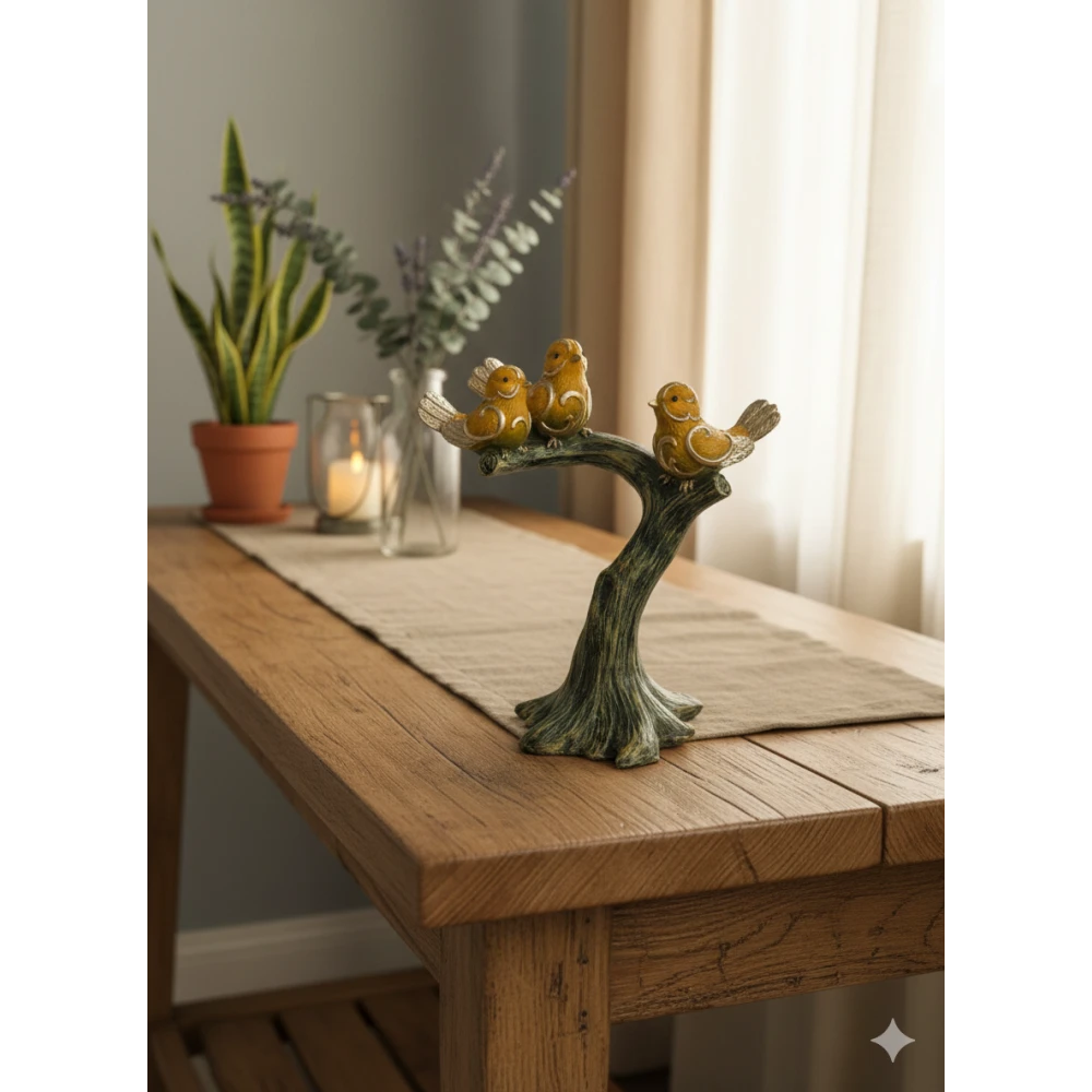 Elegant Yellow Bird Figurine on Tree Branch – Decorative Resin Sparrow Statue for Home Decor, Living Room, Office Desk & Gifting (Gold Accents), Luxury Golden-Winged Bird Showpiece – Stylish Canary Bird Statue for Shelves, Side Tables & Home Interior Decoration (Set of 3)