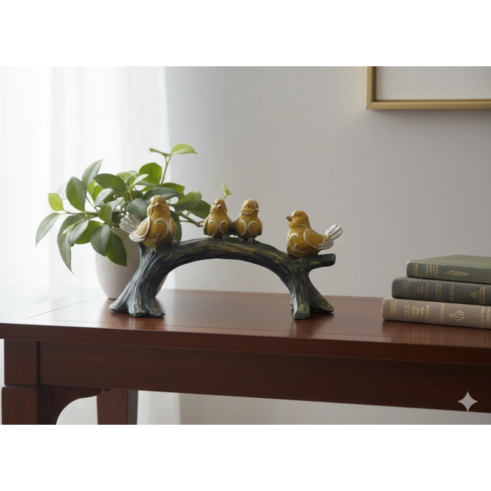 Elegant Yellow Bird Figurine on Tree Branch – Decorative Resin Sparrow Statue for Home Decor, Living Room, Office Desk & Gifting (Gold Accents), Luxury Golden-Winged Bird Showpiece – Stylish Canary Bird Statue for Shelves, Side Tables & Home Interior Decoration (Set of 4)