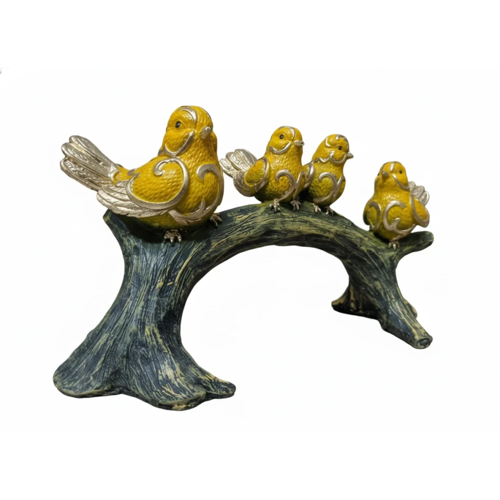 Elegant Yellow Bird Figurine on Tree Branch – Decorative Resin Sparrow Statue for Home Decor, Living Room, Office Desk & Gifting (Gold Accents), Luxury Golden-Winged Bird Showpiece – Stylish Canary Bird Statue for Shelves, Side Tables & Home Interior Decoration (Set of 4)
