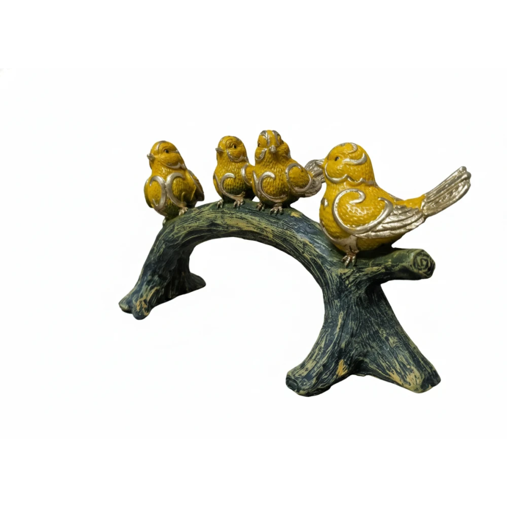 Elegant Yellow Bird Figurine on Tree Branch – Decorative Resin Sparrow Statue for Home Decor, Living Room, Office Desk & Gifting (Gold Accents), Luxury Golden-Winged Bird Showpiece – Stylish Canary Bird Statue for Shelves, Side Tables & Home Interior Decoration (Set of 4)