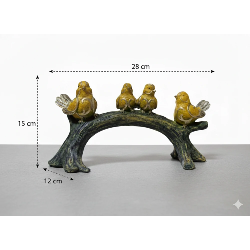 Elegant Yellow Bird Figurine on Tree Branch – Decorative Resin Sparrow Statue for Home Decor, Living Room, Office Desk & Gifting (Gold Accents), Luxury Golden-Winged Bird Showpiece – Stylish Canary Bird Statue for Shelves, Side Tables & Home Interior Decoration (Set of 4)
