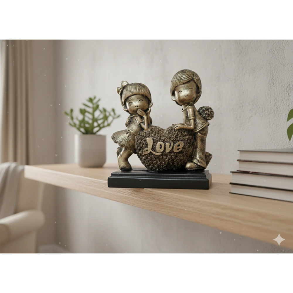 Romantic Couple Statue with Heart Love Sign - Antique Gold Finish Decorative Showpiece for Home Decor & Gifting
